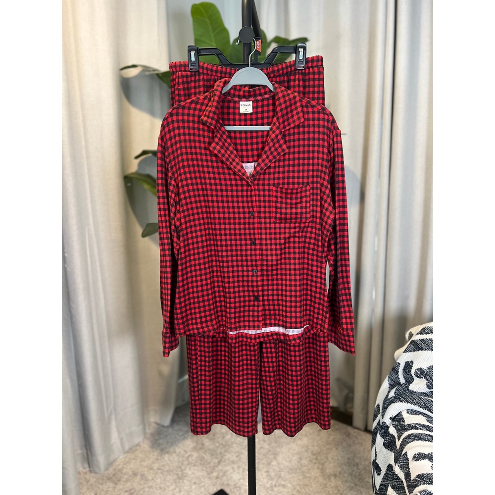 Soma Pajama Set Womens Medium Red Black Gingham Long Sleeve Button Top Pants